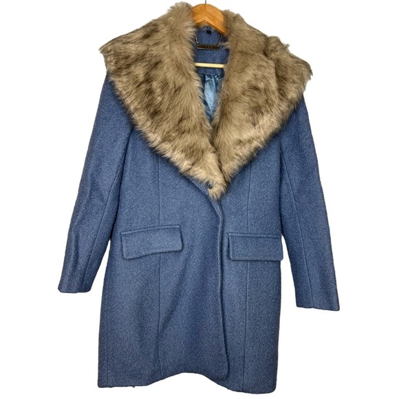 EUC IMAN Blue PLATINUM CITY Boucle Wool COAT Faux Fur REMOVABLE COLLAR Medium - Picture 1 of 7